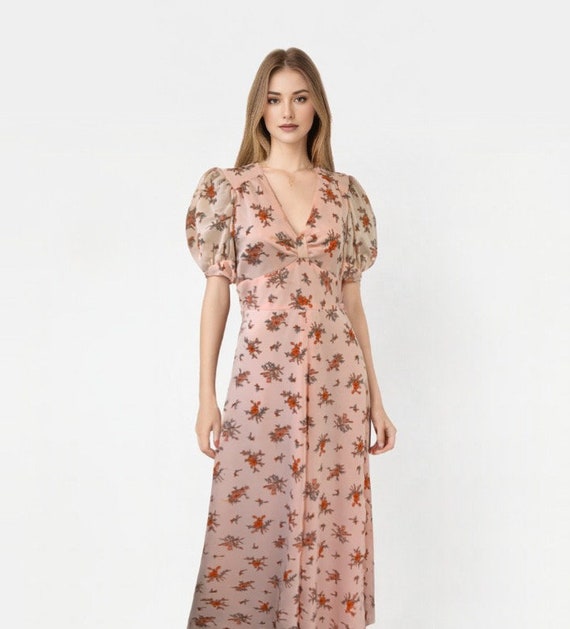 70s Maxi Dress Hippie Floral Long Vintage S Peach - image 1