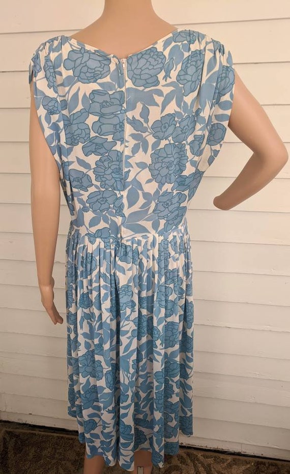 50s Floral Print Dress Blue White Vintage M L 38 … - image 6