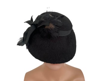 Black Spotted Feathers Hat Wool Henry Pollak Vintage