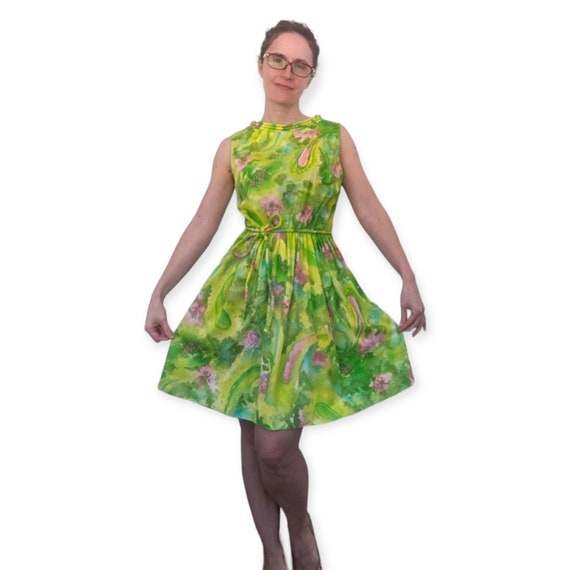 60s Green Floral Dress Sleeveless Mod Print XS Pe… - image 1