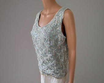 Vintage 50s Blue Beaded Sequin Top Sleeveless Sweater Midcentury M