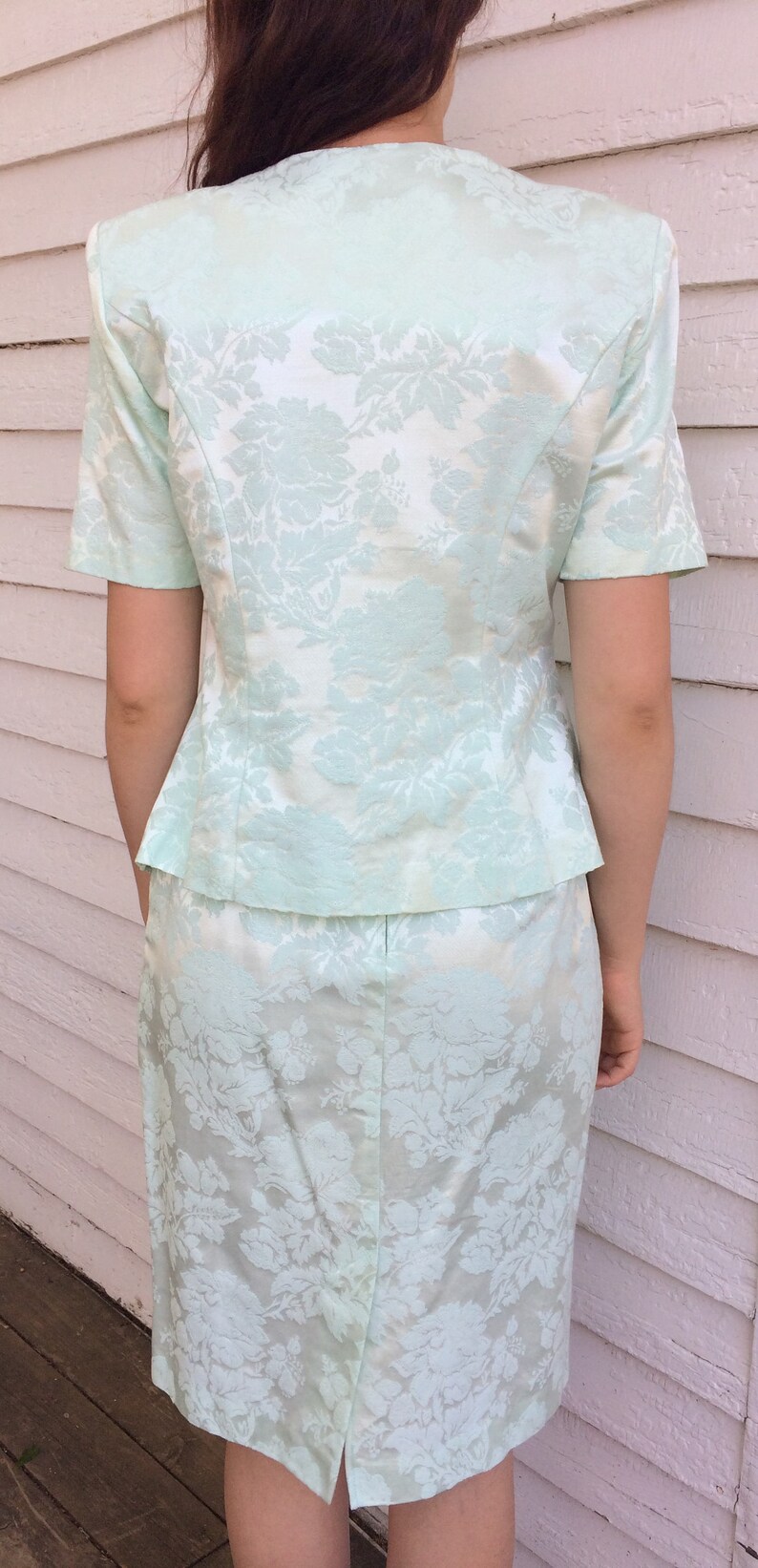 80s Jacket and Skirt Pale Mint Floral Suit Embossed M