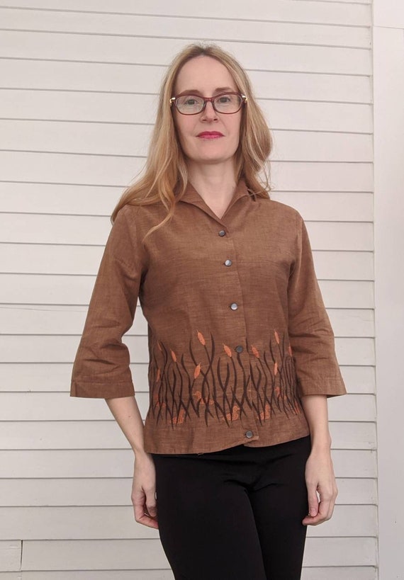 60s Embroidered Blouse Brown Cattails Ducks Vinta… - image 8