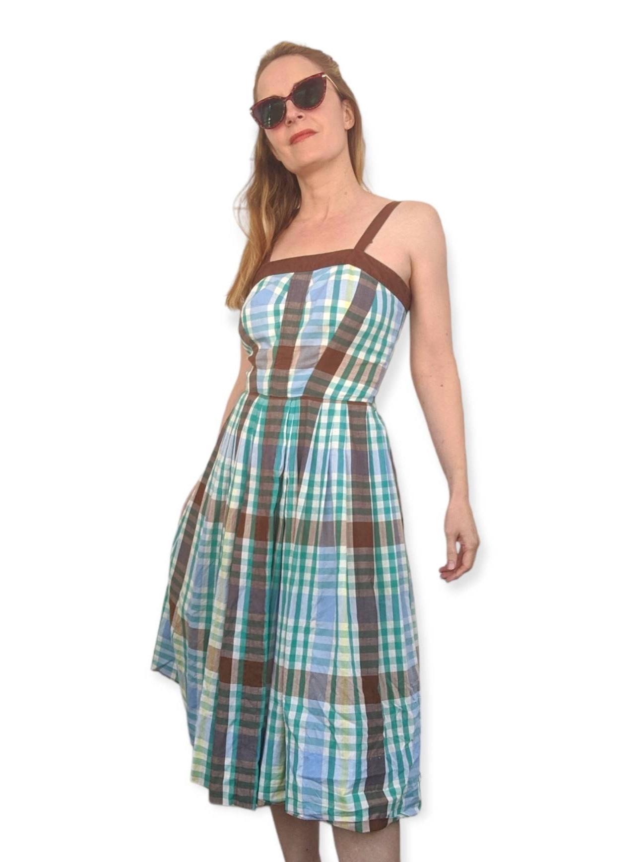 50s Plaid Day Dress Sleeveless Blue Brown Green Full Skirt XS Kenneth Tischler