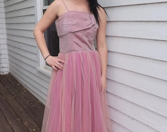 40s Pink Formal Gown Iridescent 1940s Party Prom Dress Vintage S