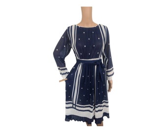 Blue Polka Dot Dress Sheer Striped Casual S XS Vintage 70s