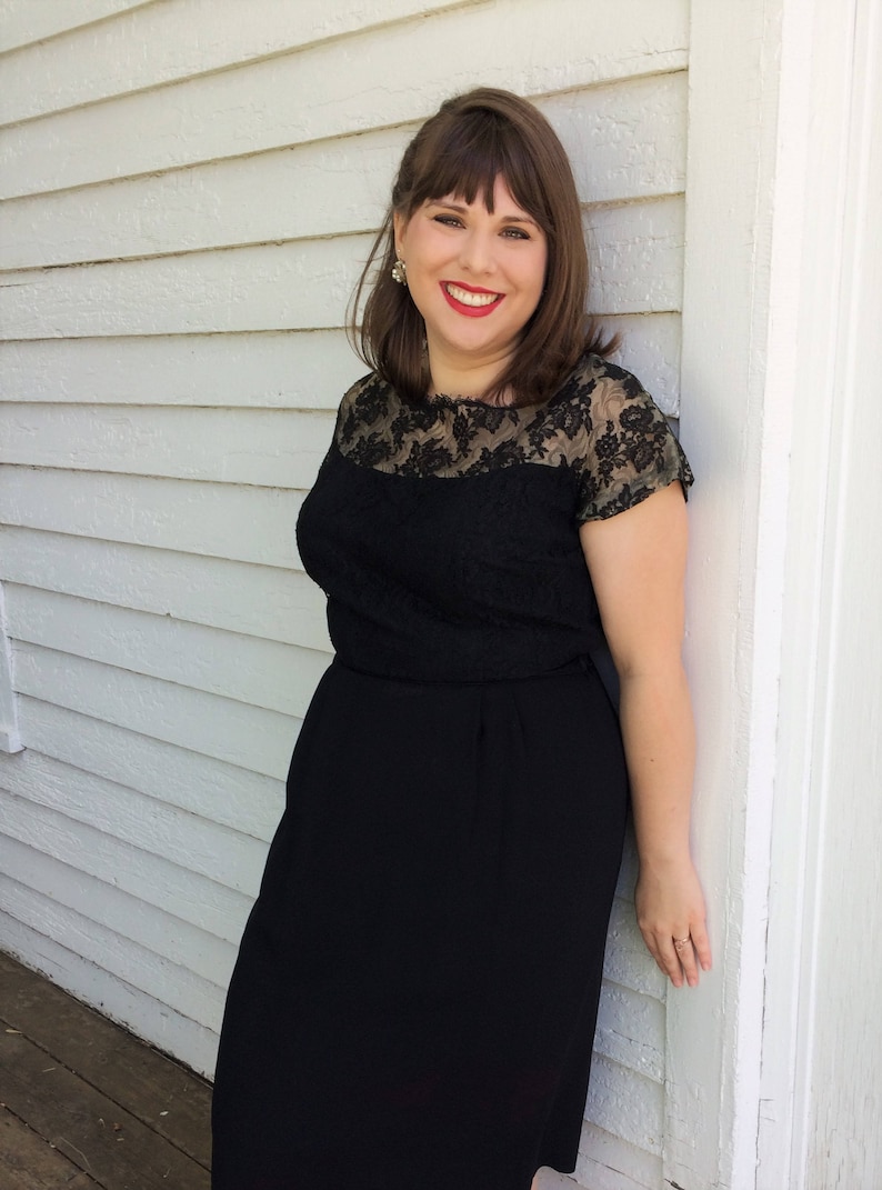 50s Cocktail Dress Black Lace Vintage 1950s XL L