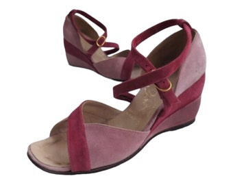Bandolinos Two Tone Wedge Shoes Strappy Suede Pink Vintage 5 M 6 Narrow