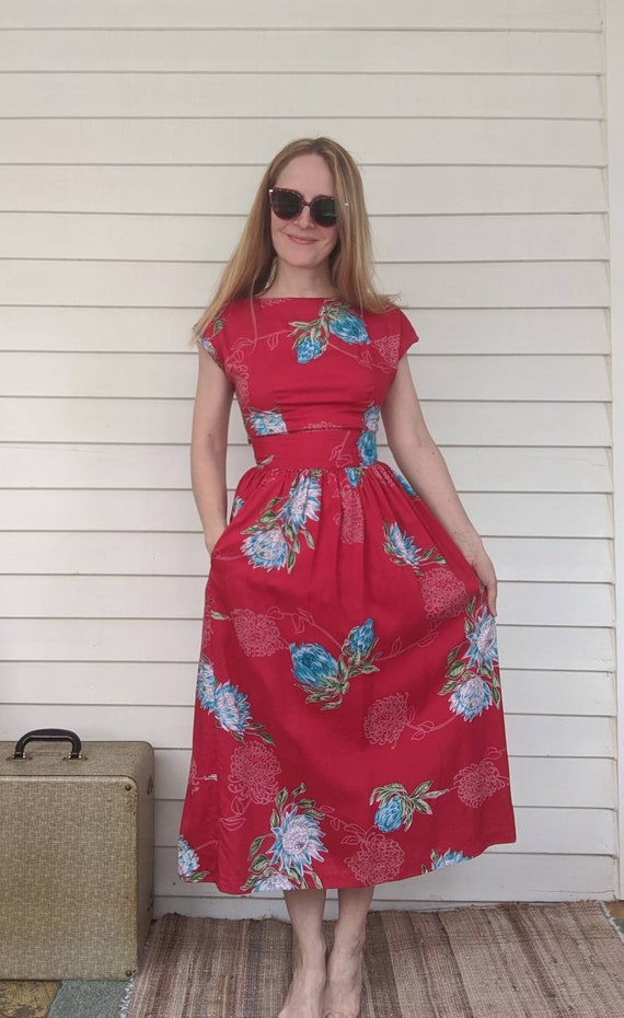 80s Red Dress Vintage Floral Rayon XS - image 9