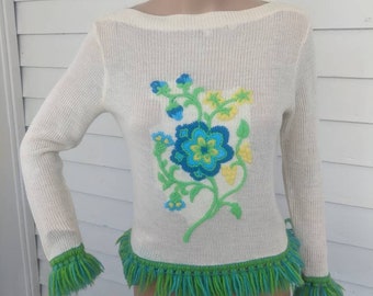 60s Embroidered Fringe Sweater Sheer Knit XS Vintage