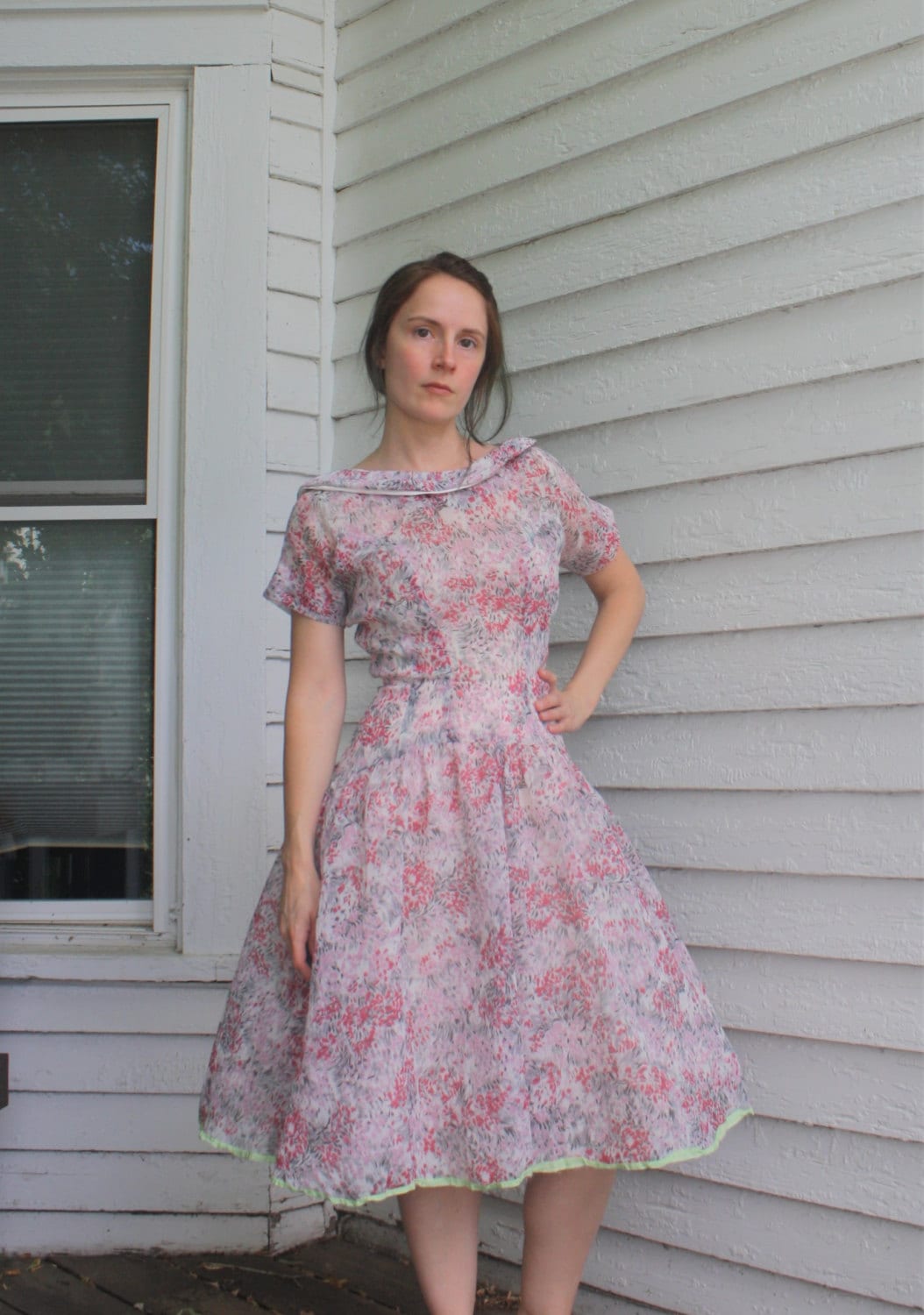 50s Sheer Dress Floral Print Full Skirt XS Vintage 1950s - Etsy