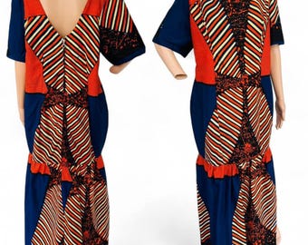 African Maxi Dress Orange Blue Striped Print L