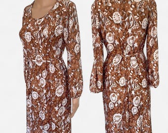 Vintage 70s Brown Autumn Floral Dress Long Sleeve S