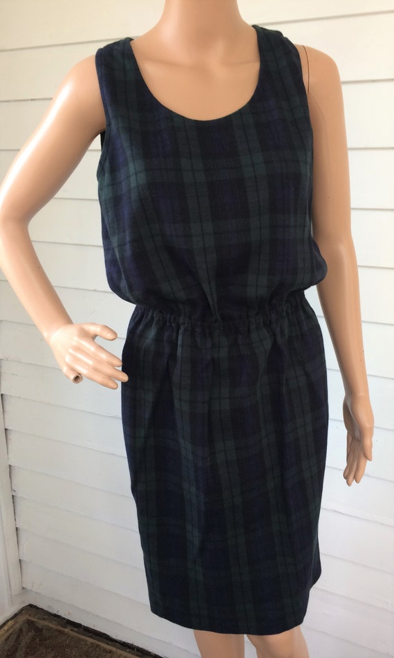 Lands End Plaid Dress Cotton Green Blue Sleeveles… - image 5