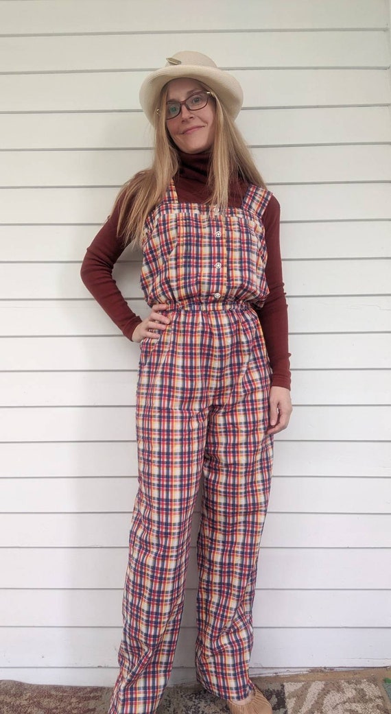 70s Plaid Jumpsuit S White Blue Yellow Red Rainbow - image 6