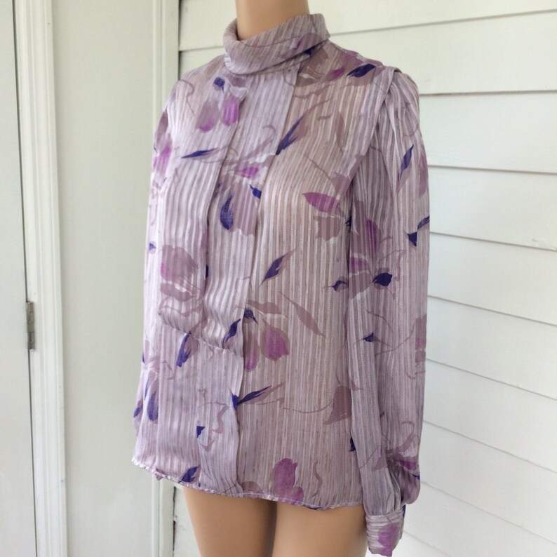 Pale Purple Sheer Striped Blouse Top 80s Lilac Vintage M L