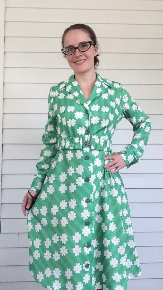 Mod Green Floral Dress Spring Print Long Sleeve S