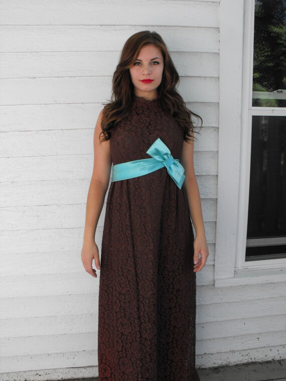 60s Brown Lace Gown Vintage Party Dress Cocktail … - image 4