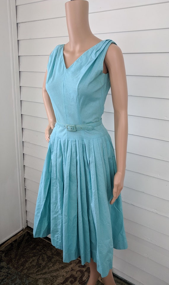 50s Aqua Sleeveless Dress with Bolero Blue Vintag… - image 2