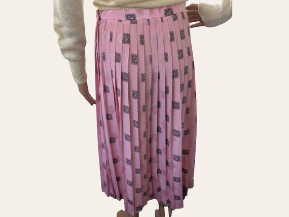 80s Pleated Pink Print Skirt Long Midi M Breckenr… - image 3