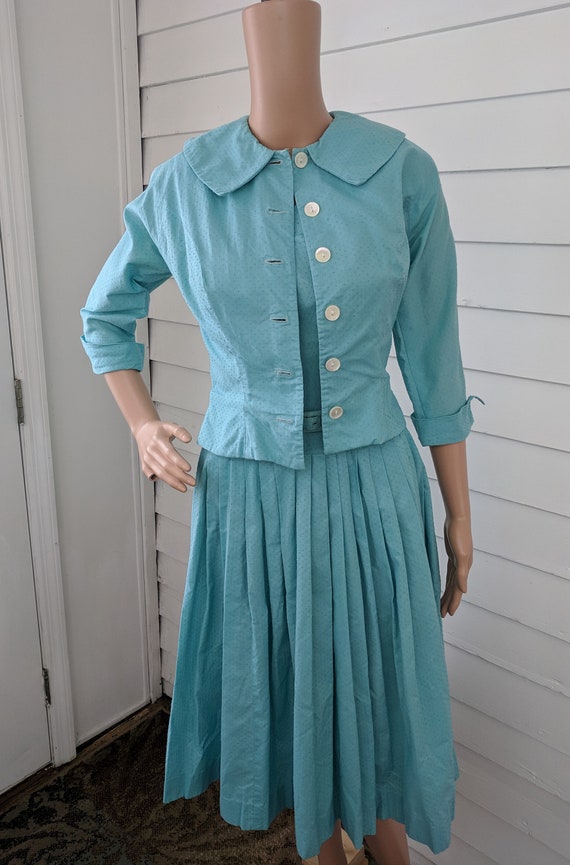 50s Aqua Sleeveless Dress with Bolero Blue Vintag… - image 7