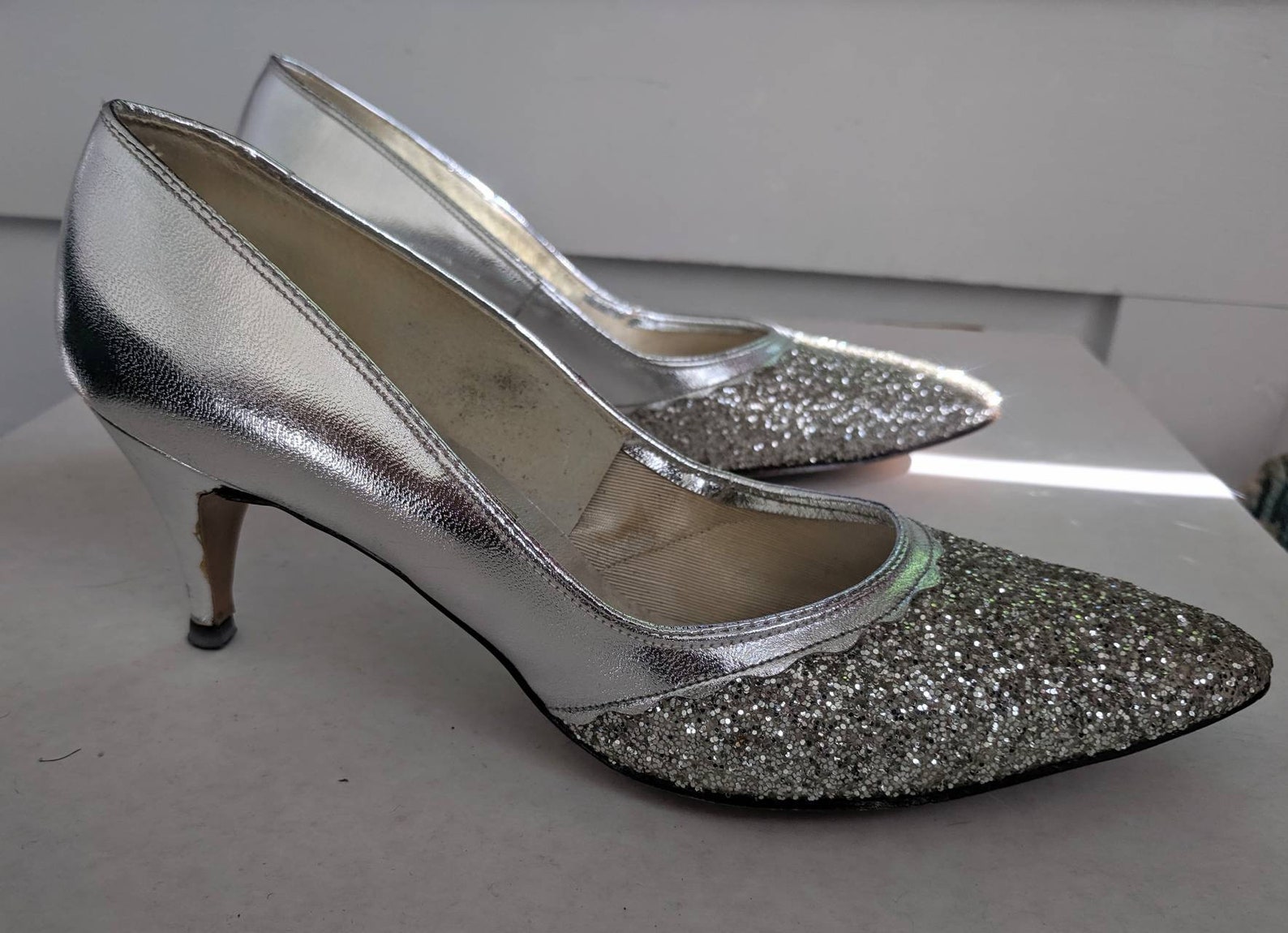 Silver Glitter Heels 60s Shoes Beverly 7 1/2 | Etsy