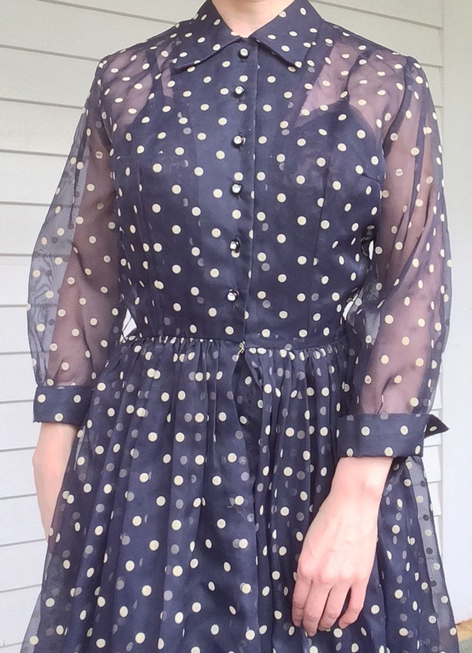 1950s Sheer Blue Polka Dot Neck Tie Dress | S/M