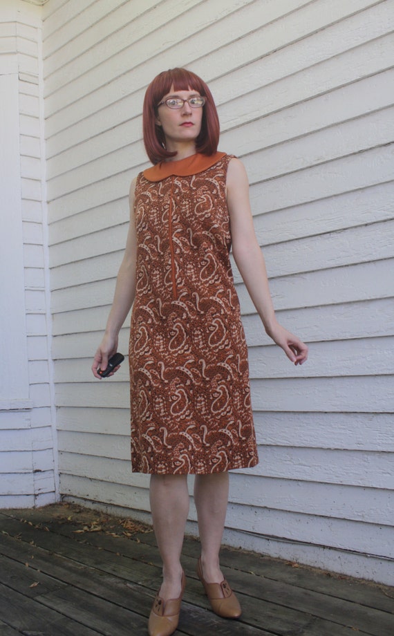 60s Mod Print Dress Rust Spice Sleeveless Vintage… - image 8