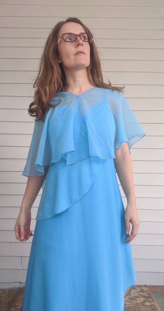 70s Blue Gown Romantic Formal Maxi Dress with Shee