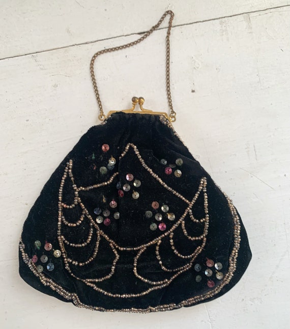 Black Velvet Beaded Sequin Mini Purse Antique - image 2