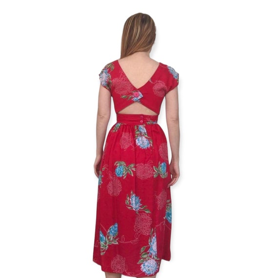 80s Red Dress Vintage Floral Rayon XS - image 2