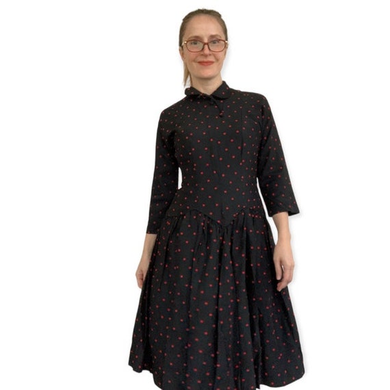 50s Polka Dot Black Dress Red Dots 34 26 S - image 3