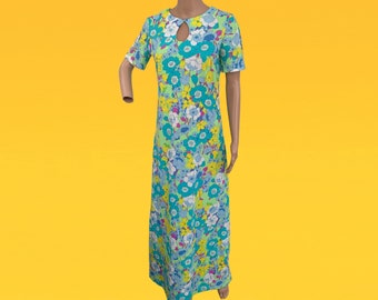 60s Floral Print Maxi Dress Flower Power Long Hippie Mod Vintage S