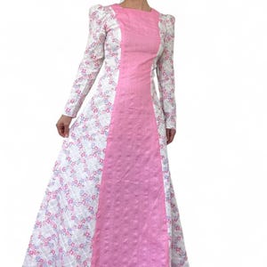 Vintage 70s White Long Sleeve Plisse Floral Country Dress XS