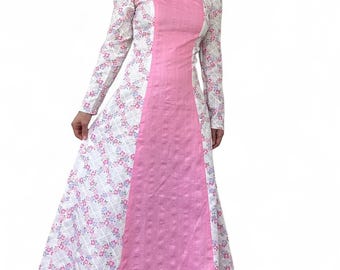 Vintage 70s White Long Sleeve Plisse Floral Country Dress XS