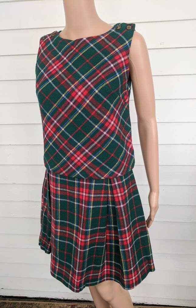 60s Green Plaid Jumper Dress Sleeveless 