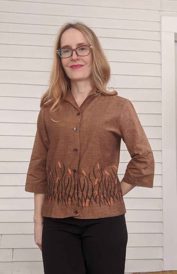 60s Embroidered Blouse Brown Cattails Ducks Vinta… - image 7