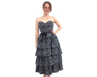 80s Strapless Gown Polka Dot Dress Black White Tiered Party Prom Sweetheart XS