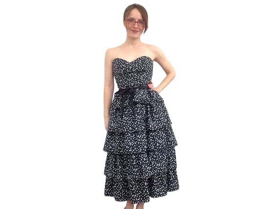 80s Strapless Gown Polka Dot Dress Black White Tiered Party Prom Sweetheart XS Etsy UK