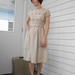 50er Jahre Besticktes Leinen Kleid Rayon Vintage XS 31 24