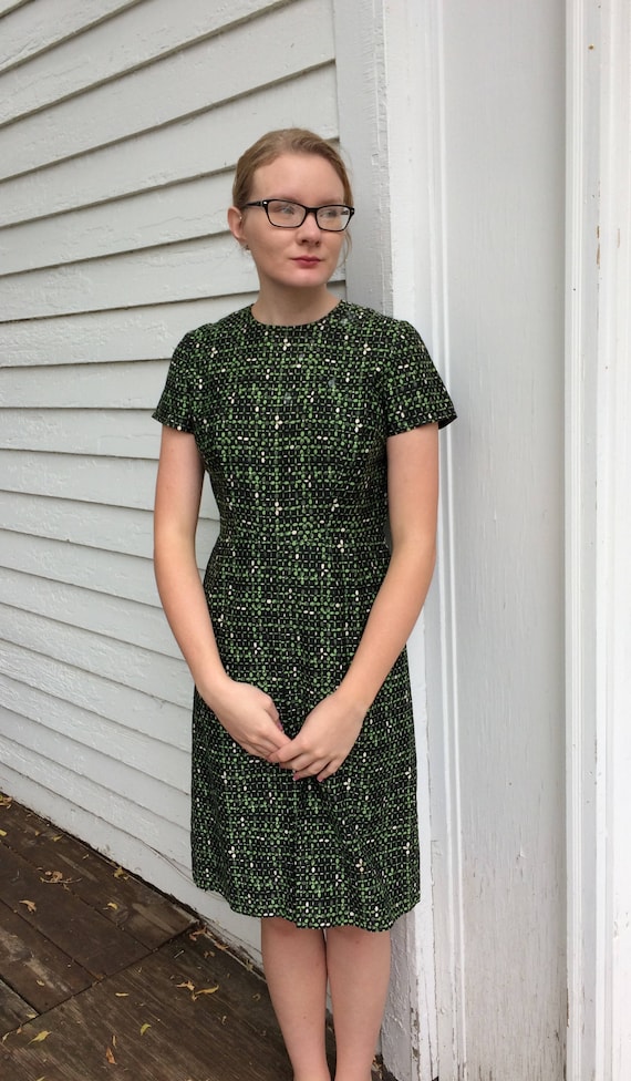 50s Black Green Print Dress Vintage S AS IS - image 1