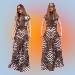 70er Metallic Kleid Maxi Glam Silber Braun Vintage Disko Space Age Scifi S