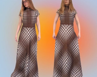 70s Metallic Dress Maxi Glam Silver Brown Vintage Damon S