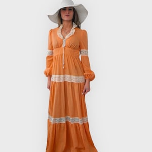 Prairie Dress Gunne Sax Style 70s Vintage Orange XS Cottagecore Western