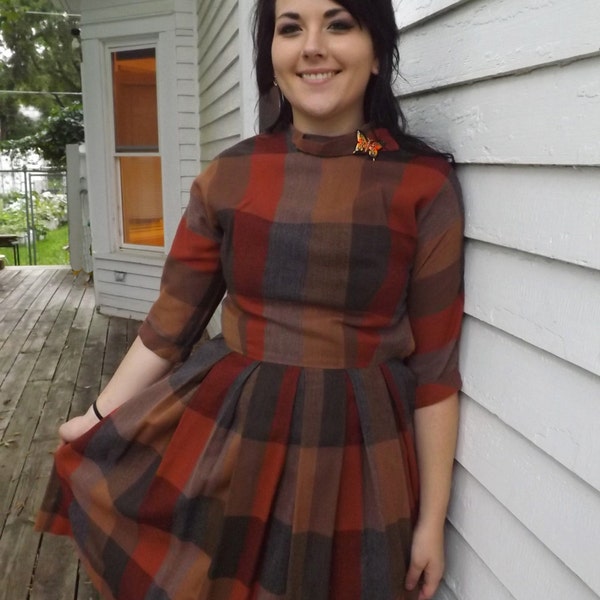 Vintage Plaid Pleated Dress Brown Fall Autumn Junior Time Colonial Frocks S M