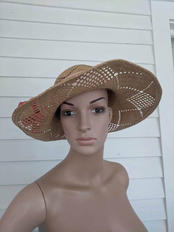 Vintage Straw Summer Hat Wide Brim Ribbon Floral … - image 2