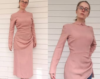 Vintage 40s Suit Skirt Jacket Unusual Button Back Pink Soft Peplum XS S