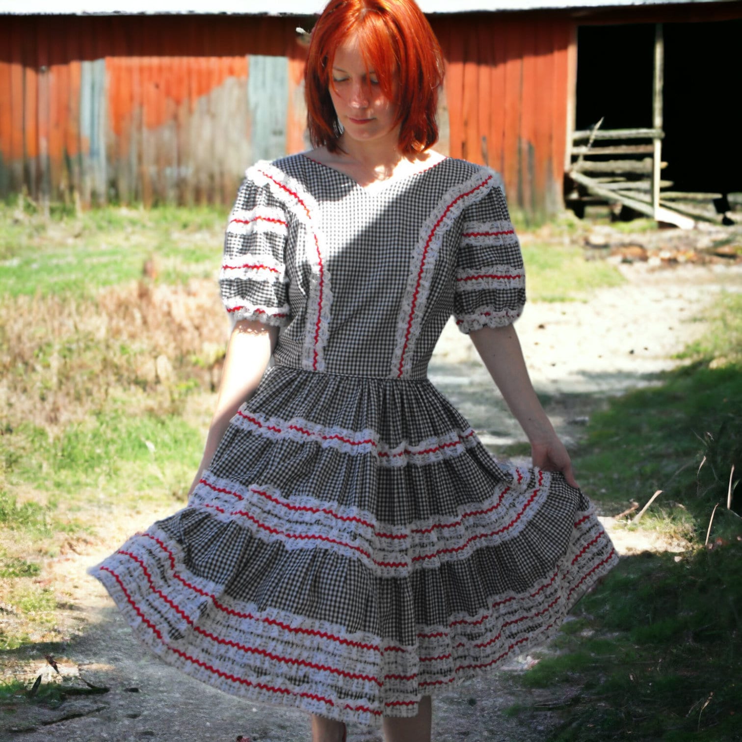 Country Western Dress Check Print Black White Gingham Square