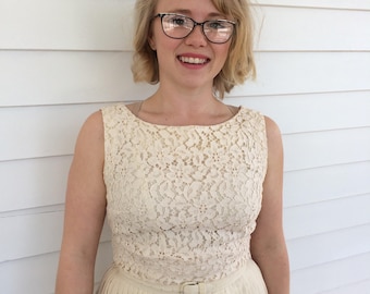 50s Dress Ivory Lace Bolero Summer Full Skirt Sleeveless Spring Vintage XS