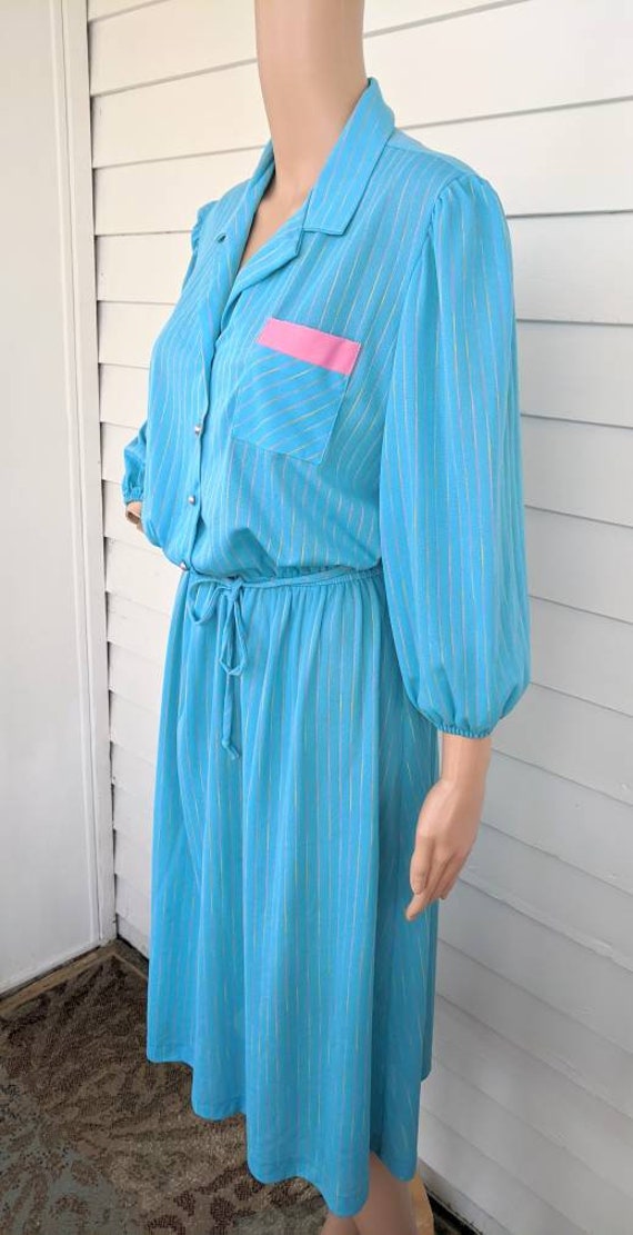 Blue Retro Dress 80s does 50s Sheer Striped Casua… - image 6